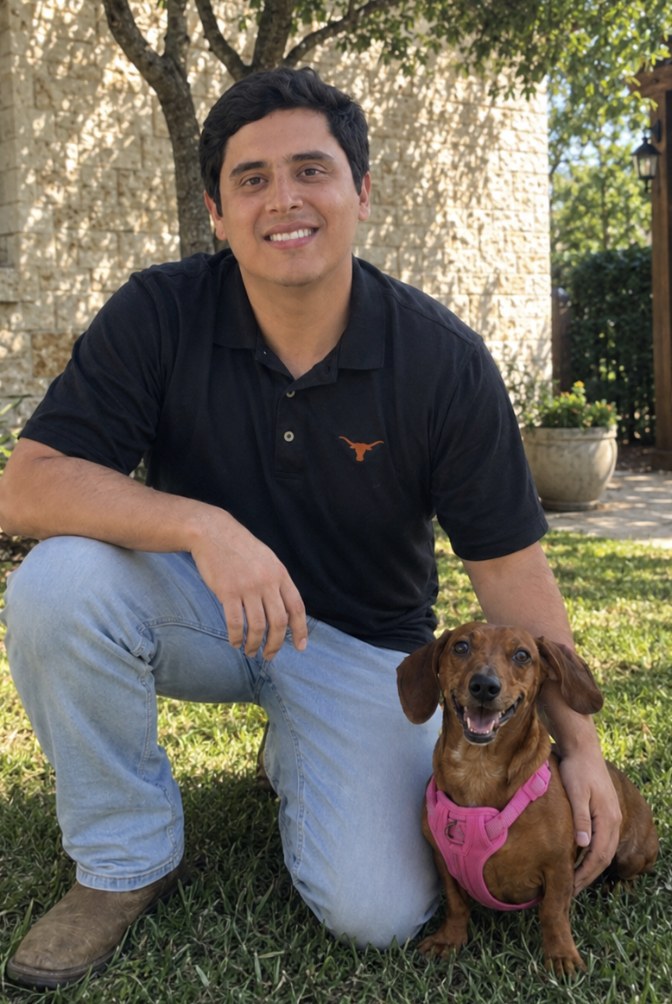 Robert with his dachshund, representing a local San Antonio pet waste removal service.